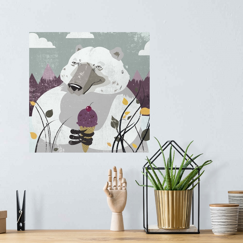 A bohemian room featuring Contemporary home decor artwork of a polar bear eating a purple ice cream cone against a backgrou...