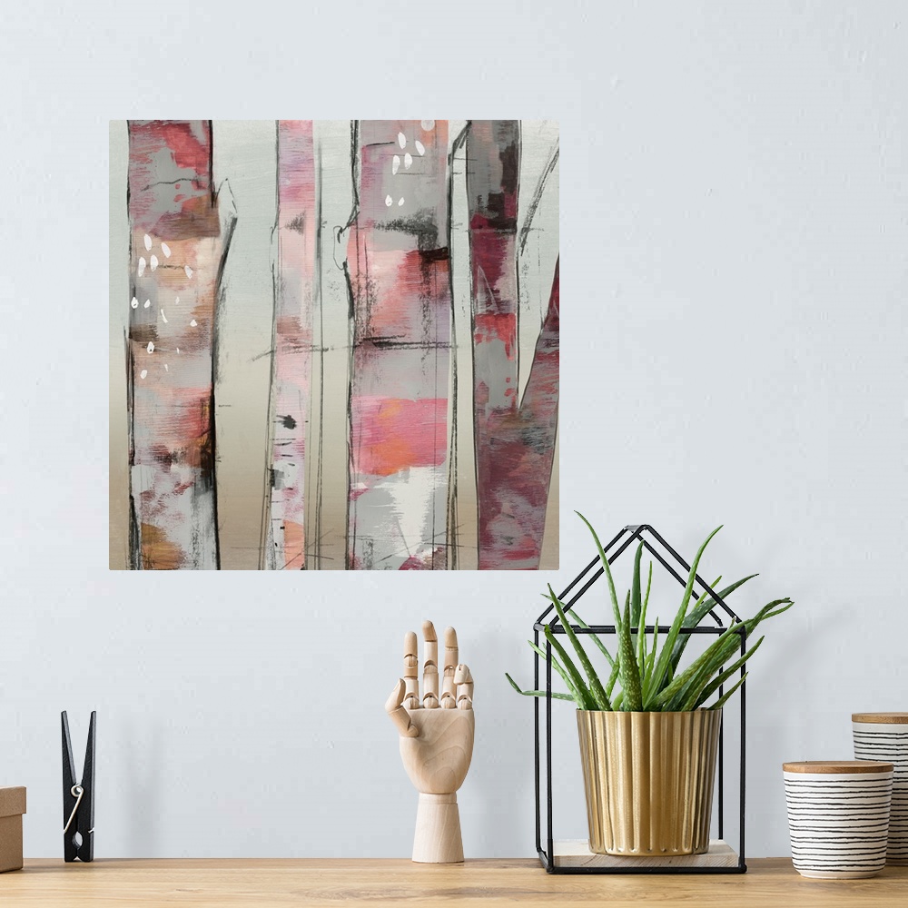 A bohemian room featuring Contemporary artwork of a small group of birch trees with pink shades.