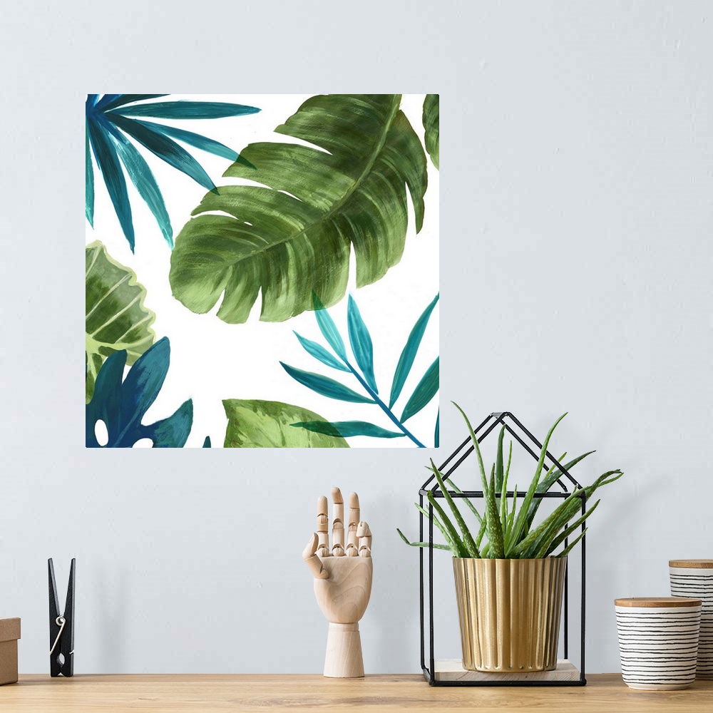 A bohemian room featuring Painting of broad tropical leaves in blue and green.