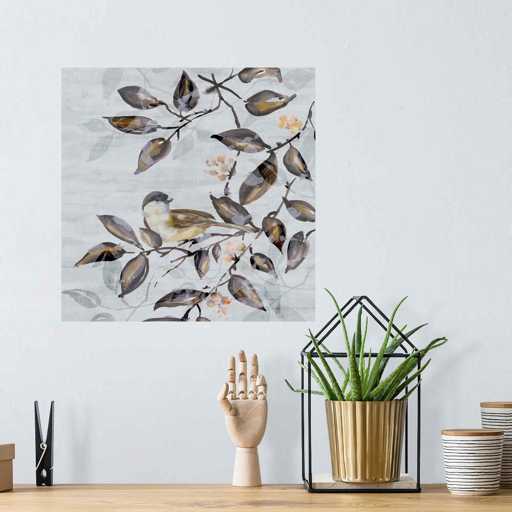 A bohemian room featuring A contemporary painting of a bird on a tree branch against a neutral textured backdrop.
