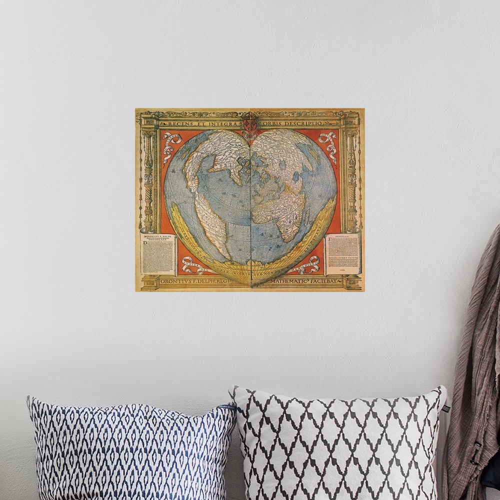 A bohemian room featuring An antique cordiform map of the world from 1536.