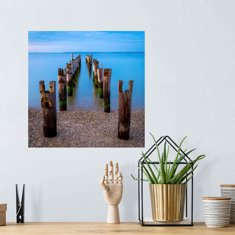 A bohemian room featuring Old pilings on a beach on Old Cape Cod.