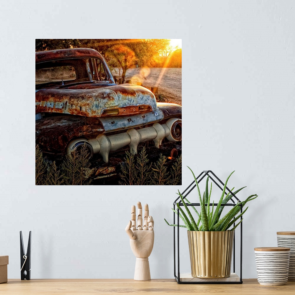 A bohemian room featuring An old abandoned Ford car covered in rust in the sunset.