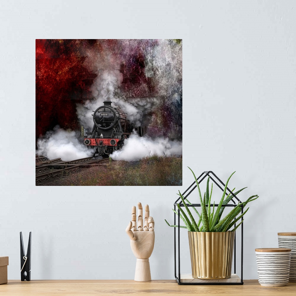 A bohemian room featuring A steam locomotive barreling down rails with steam pouring out of the stack.