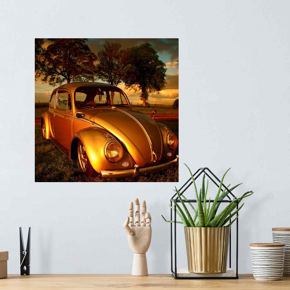 A bohemian room featuring An old Volkswagen Beetle glowing golden in the sunlight.