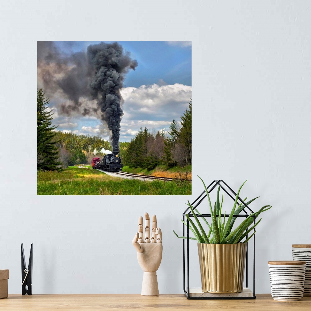 A bohemian room featuring Locomotive with dark smoke billowing from its smokestack.