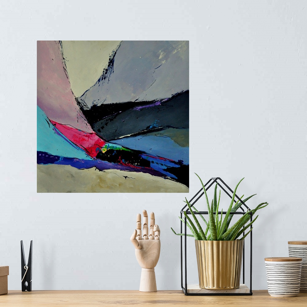 A bohemian room featuring Abstract landscape of rolling hills in colors of blue, red and green textured brush strokes.