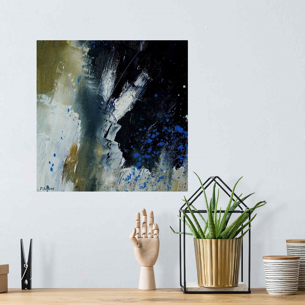 A bohemian room featuring A square abstract painting of colors of brown, white and blue in bold brush strokes and splattere...