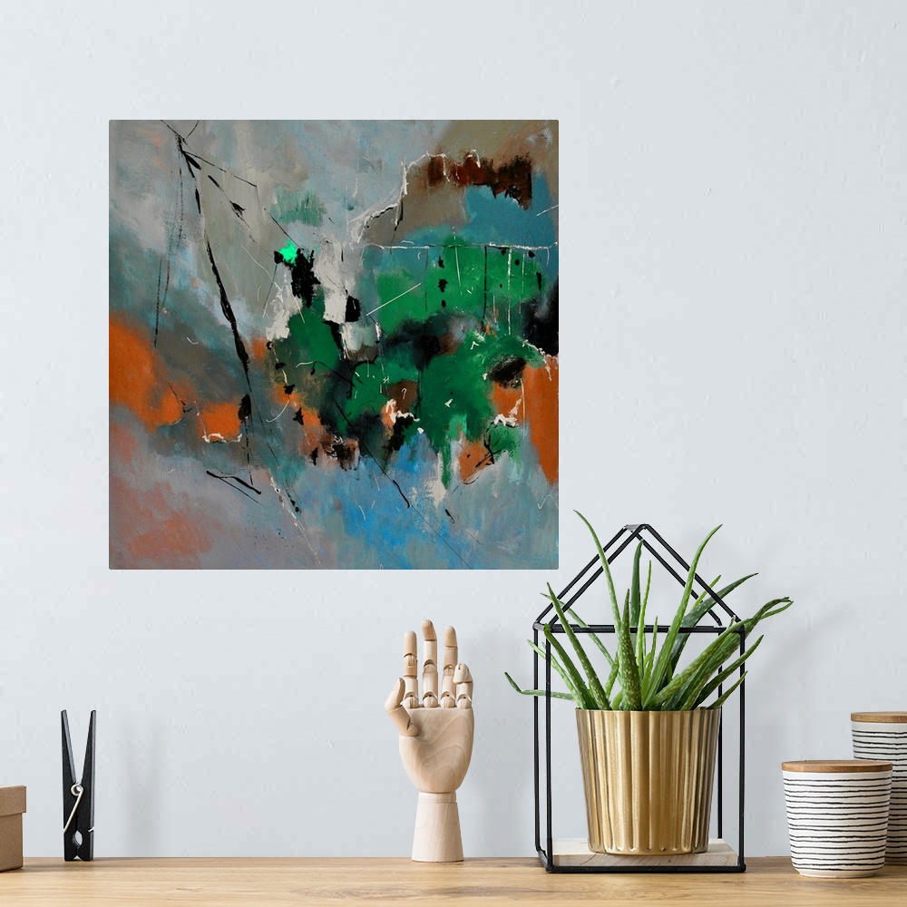 A bohemian room featuring A square abstract painting in dark shades of green, blue and brown with splatters of paint overla...