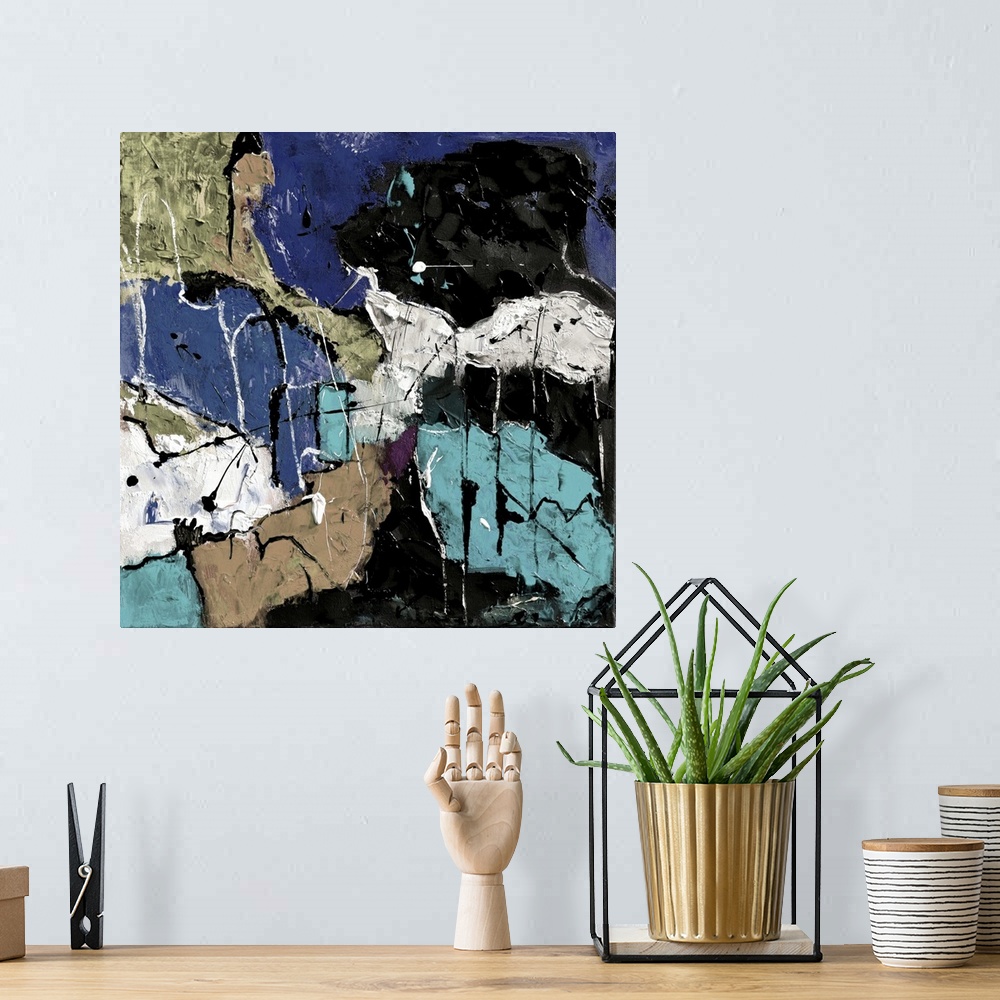 A bohemian room featuring A square abstract painting in textured shades of black, blue, white and brown with splatters of p...