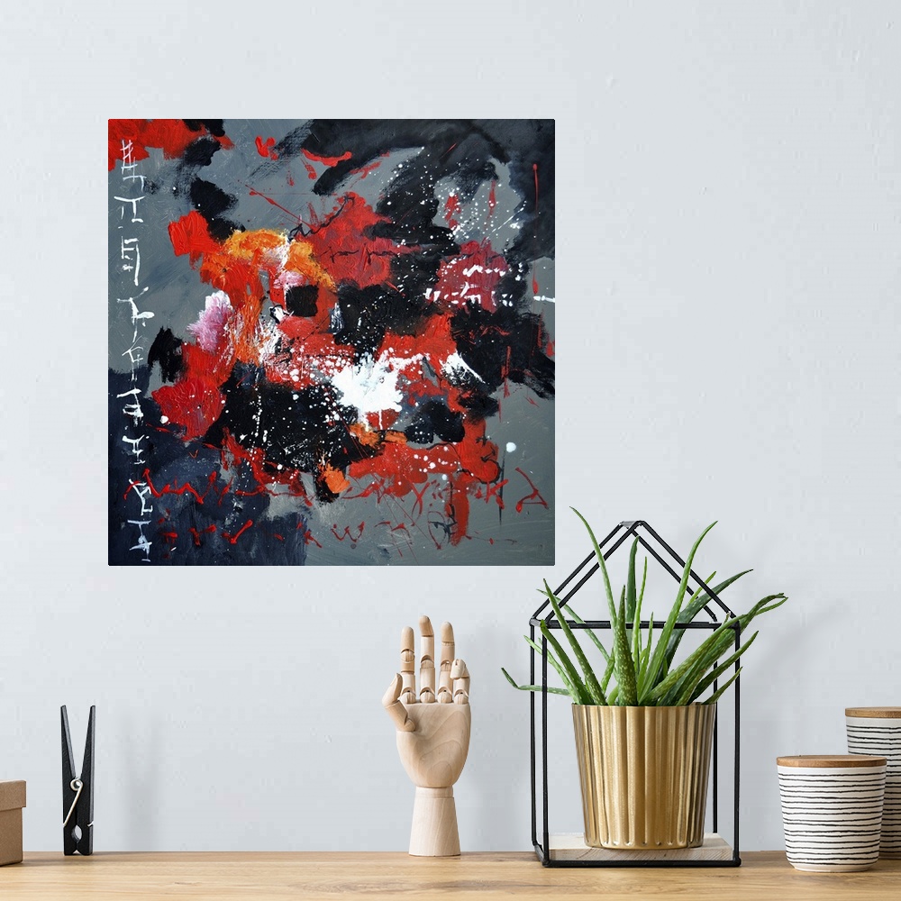 A bohemian room featuring Abstract painting of colors of red, black and gray with hints of white in textured brush strokes ...