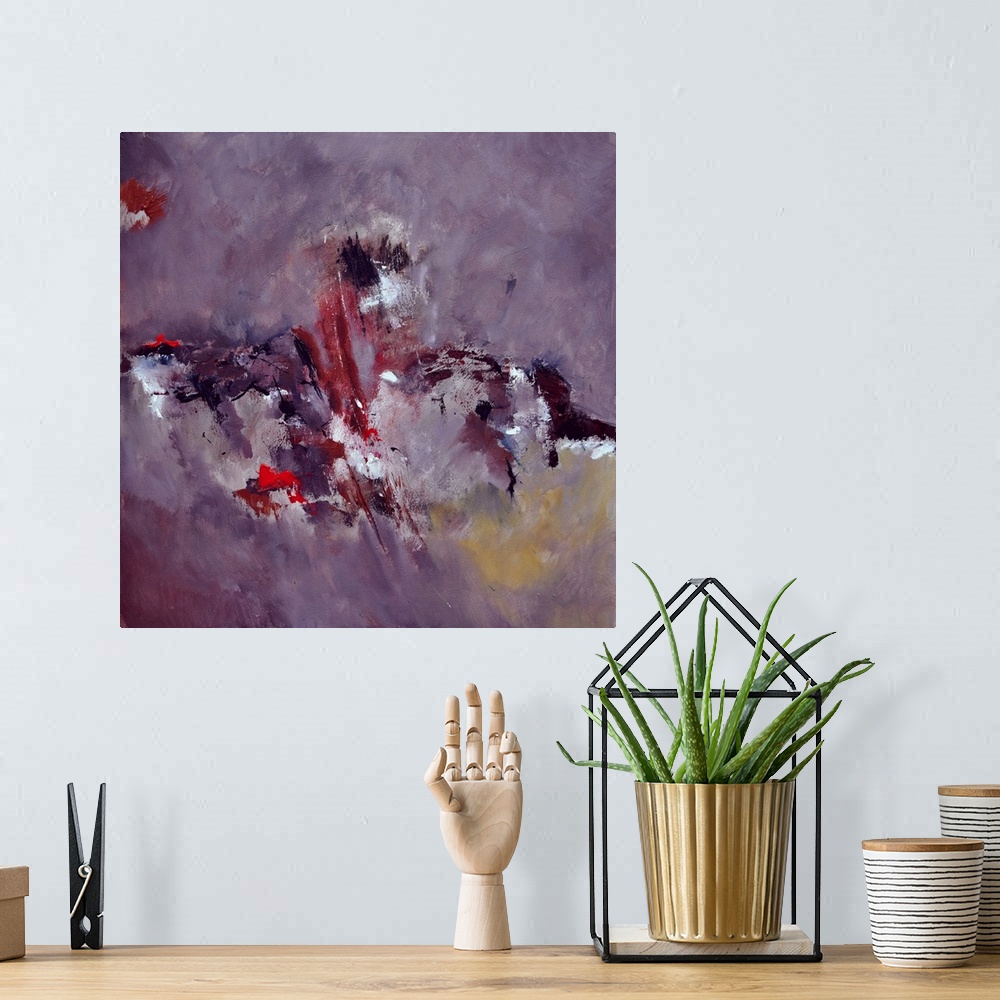 A bohemian room featuring A square abstract painting in darker shades of purple, red, white and yellow with splatters of pa...