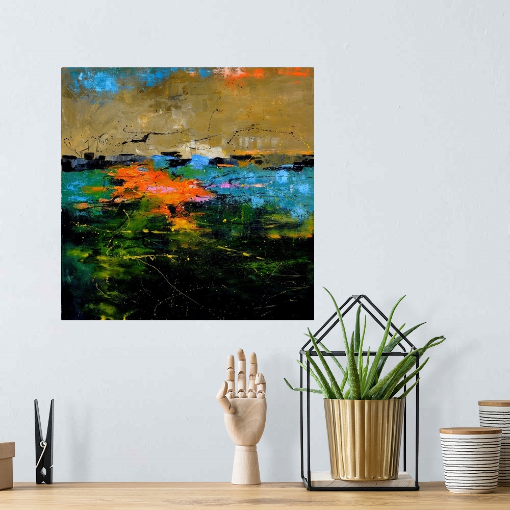 A bohemian room featuring Abstract painting in dark shades of black, blue, brown, orange and yellow with splatters of paint...