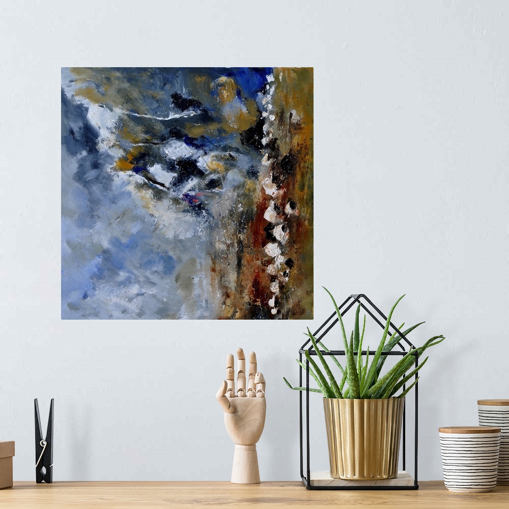 A bohemian room featuring Square abstract painting with muted hues in shades of brown, blue, gray and white mixed in with b...
