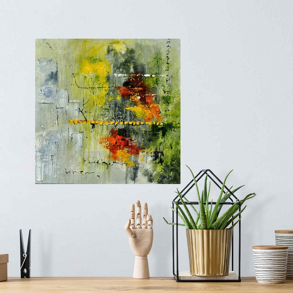 A bohemian room featuring A square abstract painting in textured shades of gray, orange, green and yellow with splatters of...