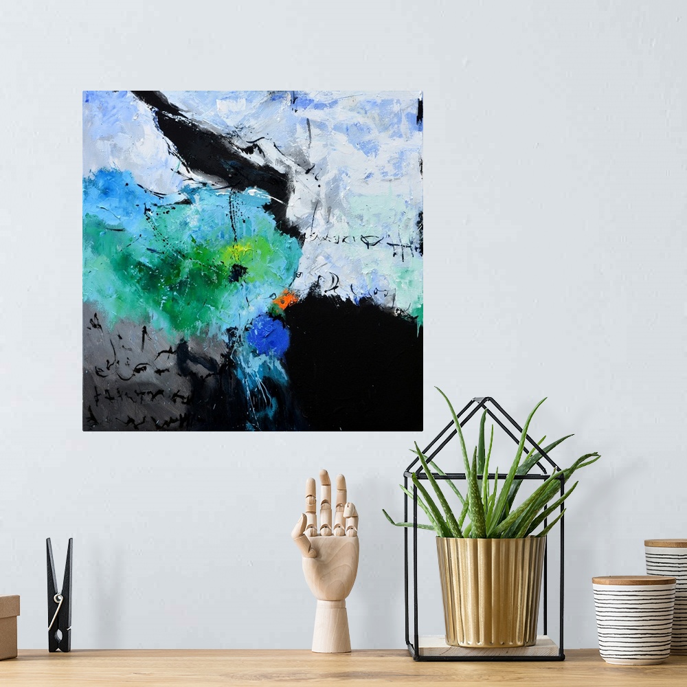 A bohemian room featuring A square abstract painting in textured shades of black, blue, white and green with splatters of p...
