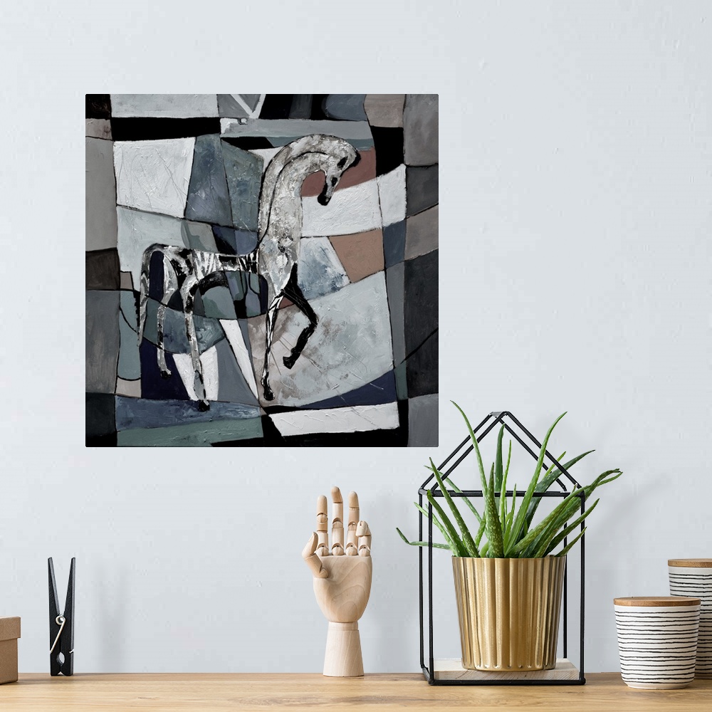 A bohemian room featuring Painting done in a cubism style of a horse against a checkered background in shades of gray and b...