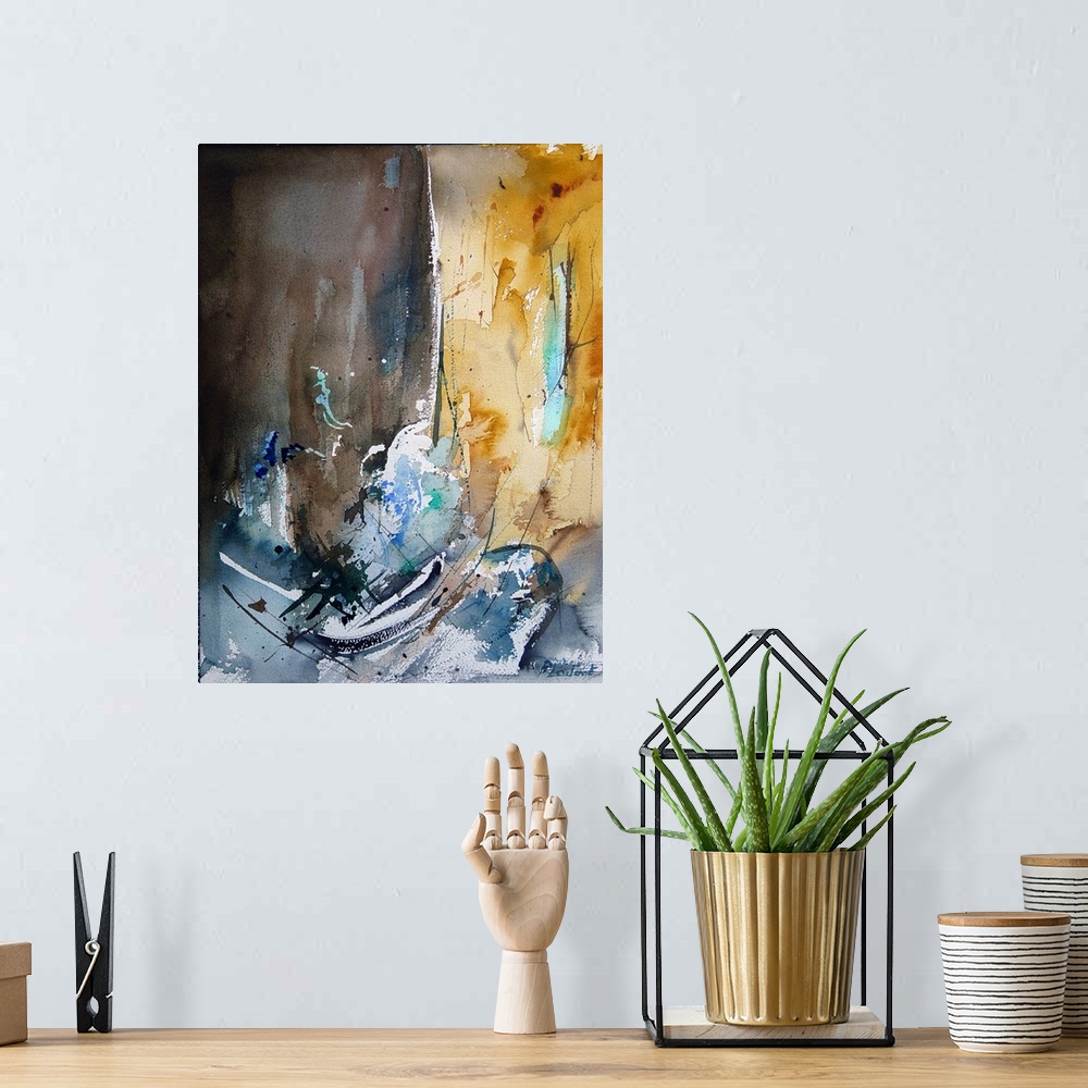 A bohemian room featuring A vertical abstract painting in dark shades of brown, blue, white and yellow with splatters of pa...