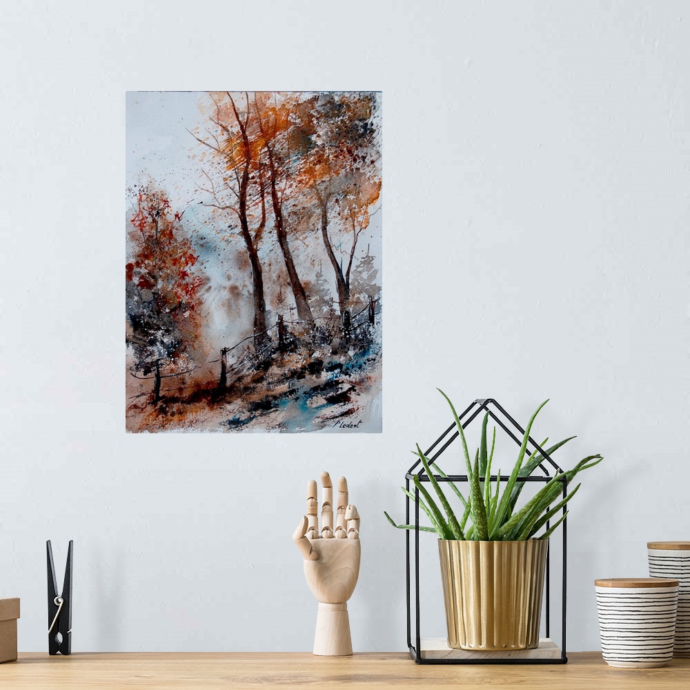 A bohemian room featuring Watercolor painting of trees in a forest done in muted colors of brown, gray and blue.