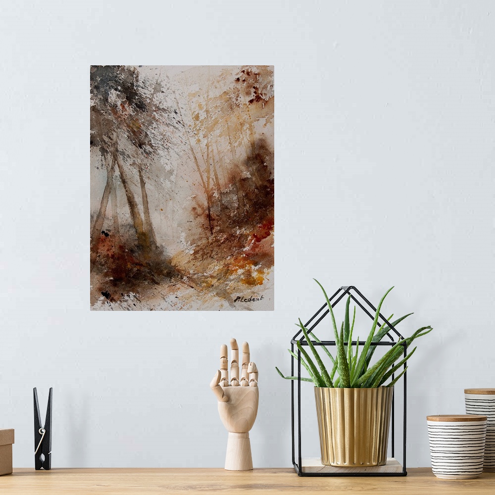 A bohemian room featuring A subdue watercolor painting of a path through a forest.
