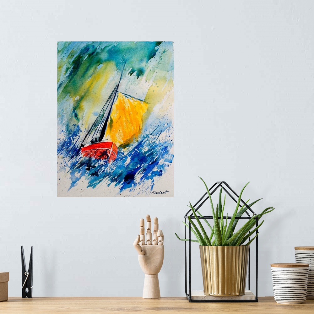 A bohemian room featuring A watercolor painting done in primary colors of a sailboat during rough winds.