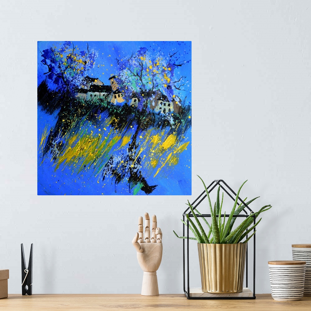 A bohemian room featuring Square abstract painting made in shades of blue, yellow and white with a small hint of pink repre...