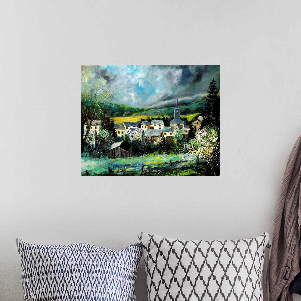 A bohemian room featuring A horizontal contemporary painting of the village of Daverdisse. Daverdisse is a Walloon municipa...