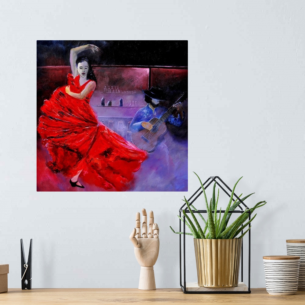 A bohemian room featuring A contemporary painting of a Flamenco dancer in a red dress with a guitar player.