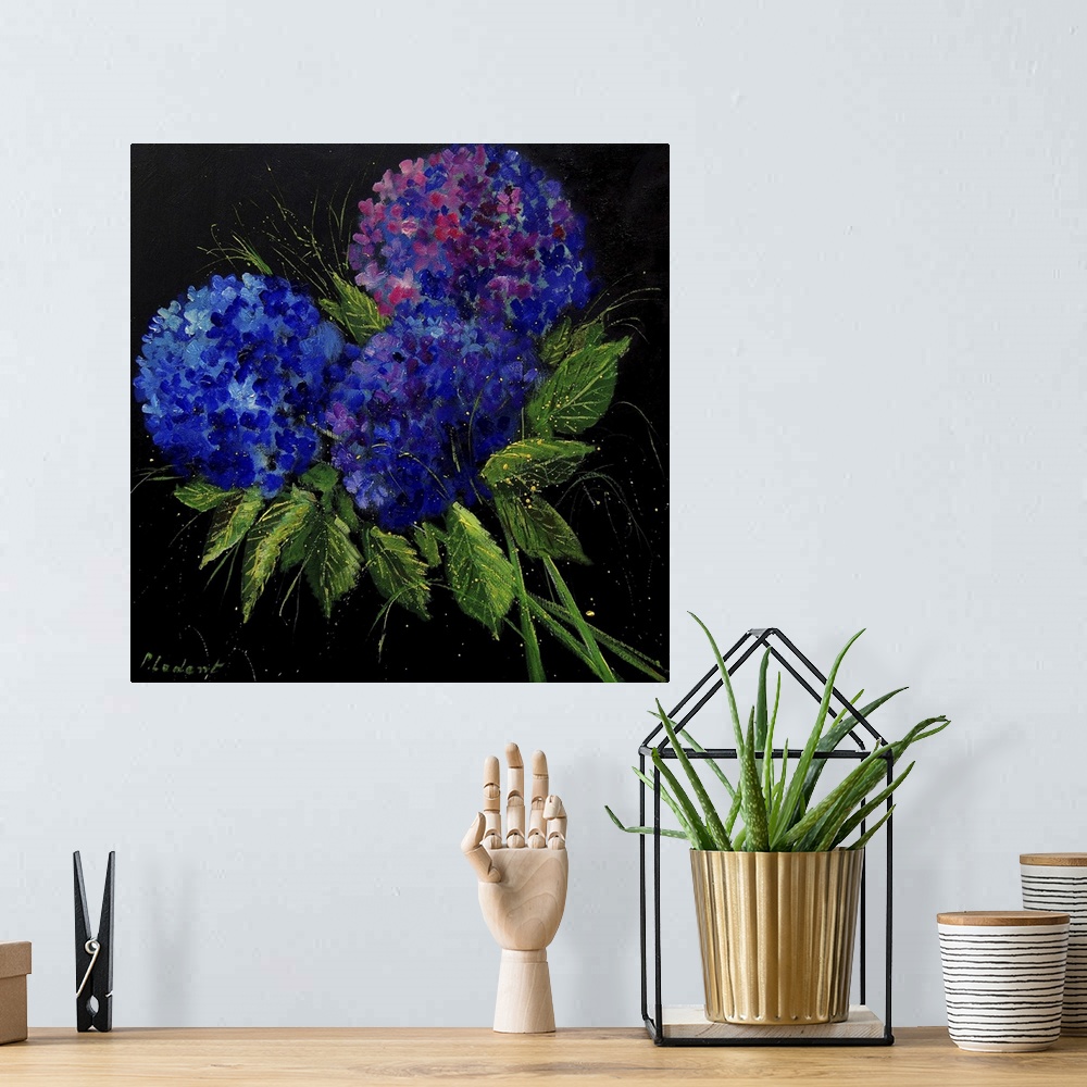A bohemian room featuring Contemporary painting of a colorful bouquet of flowers on a black background.