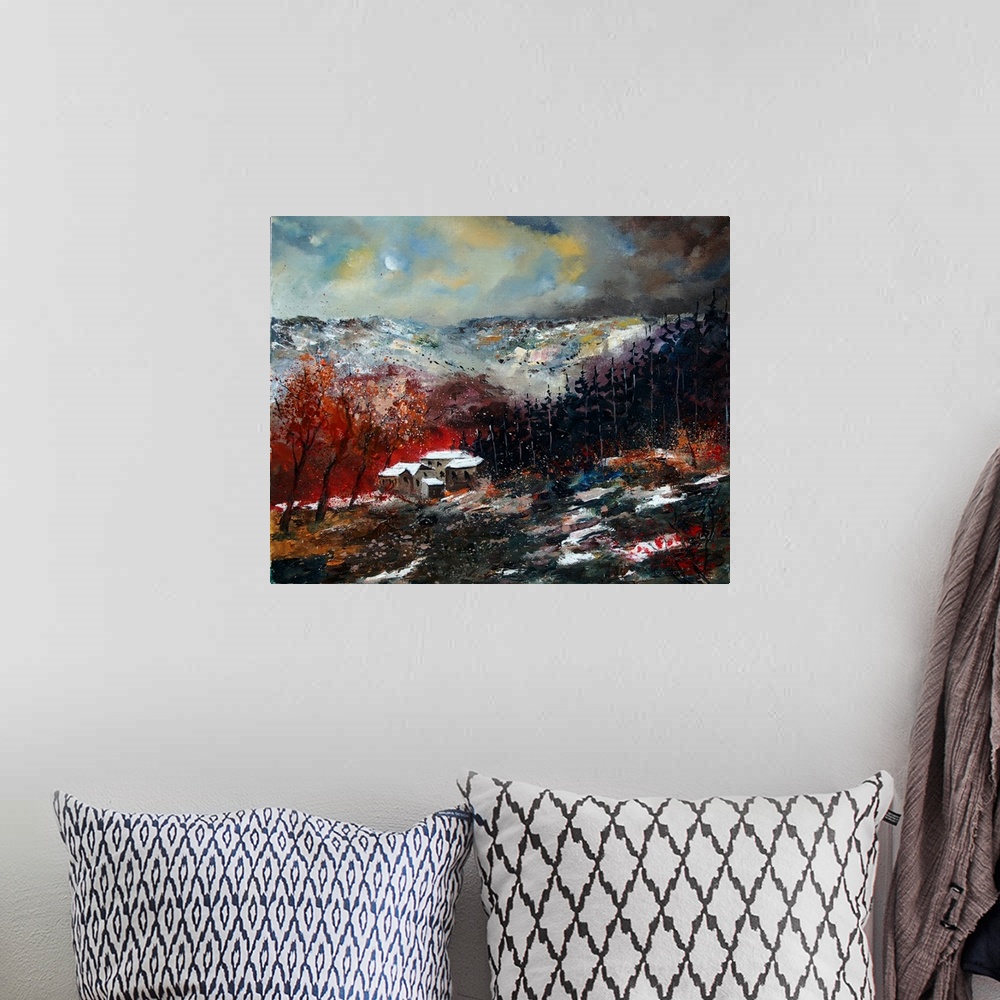 A bohemian room featuring Horizontal painting of the last snow of winter covering a house in a valley surround by mountains.