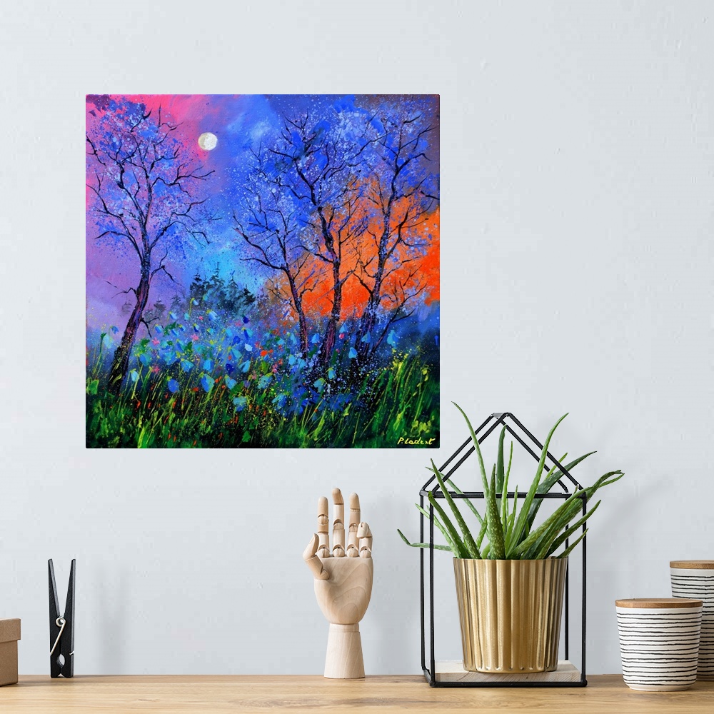 A bohemian room featuring Contemporary painting of trees surrounded by wildflowers with a colorful sky above and a bright m...