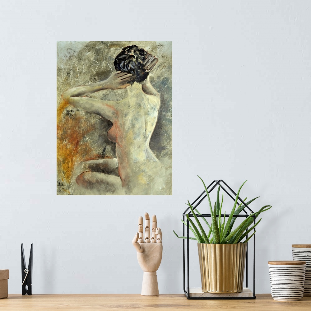 A bohemian room featuring A painting of a nude woman adjusting her hair, with her back towards the viewer, done in textured...