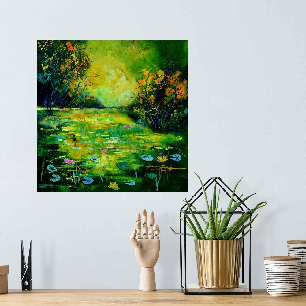 A bohemian room featuring Square painting of a pond full of water lilies with flower blooms and small speckles of paint ove...