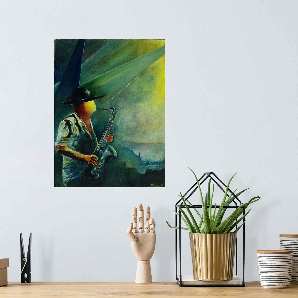 A bohemian room featuring A modern painting of a person playing a saxophone with a city skyline as a backdrop.