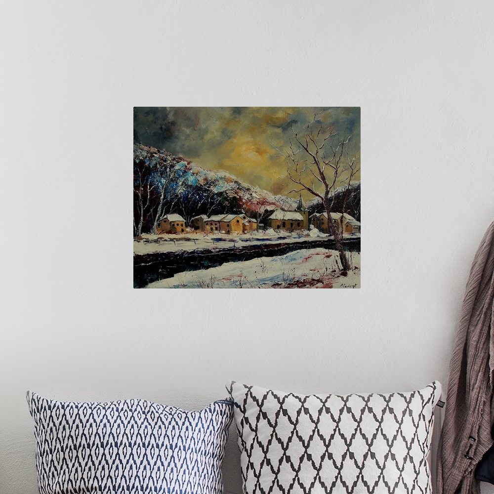 A bohemian room featuring Contemporary painting of a village in Belgium covered in snow with a yellow sky.