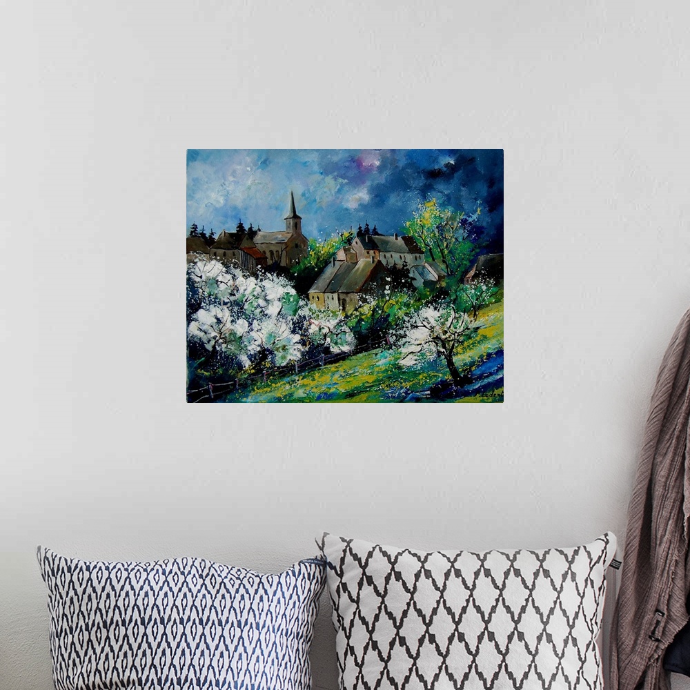 A bohemian room featuring A contemporary painting of a spring day in Fays Famenne, a village in the Belgian.