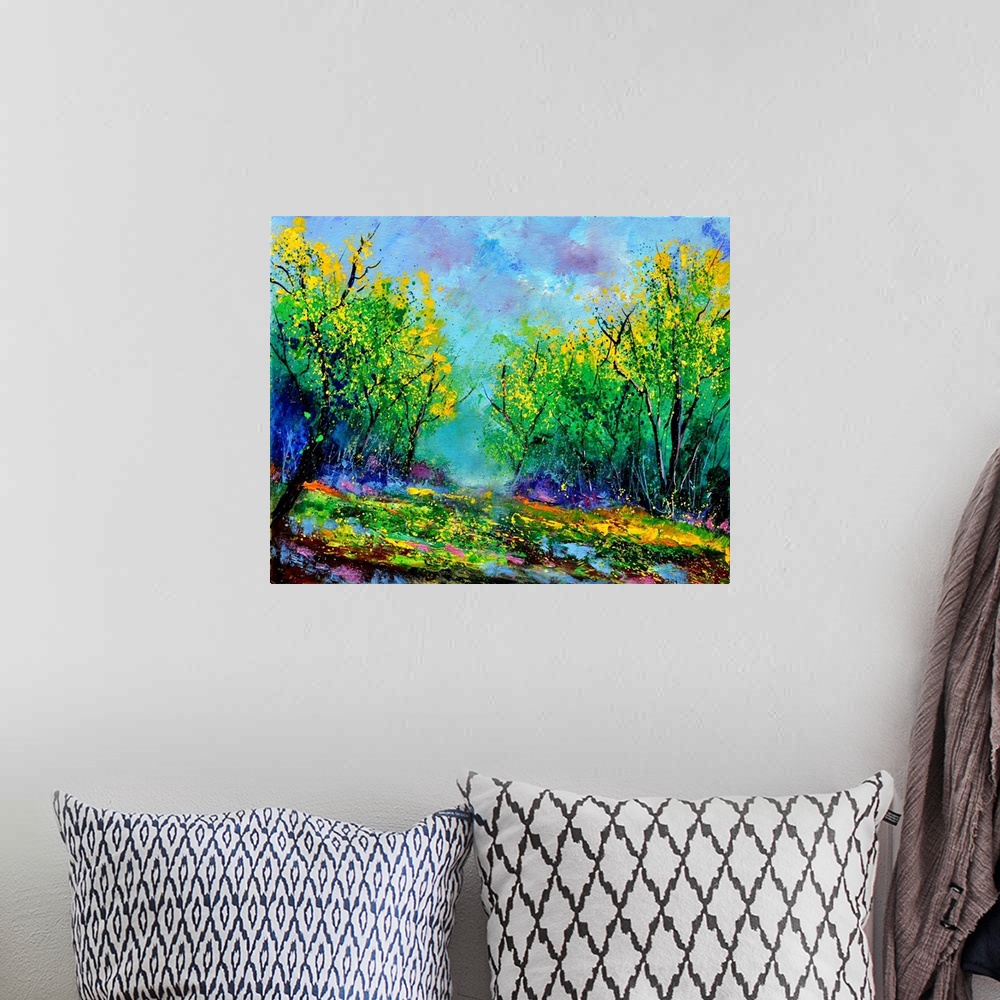 A bohemian room featuring Painting of a summer landscape with colorful flowers in the foreground and a bright sky in the ba...