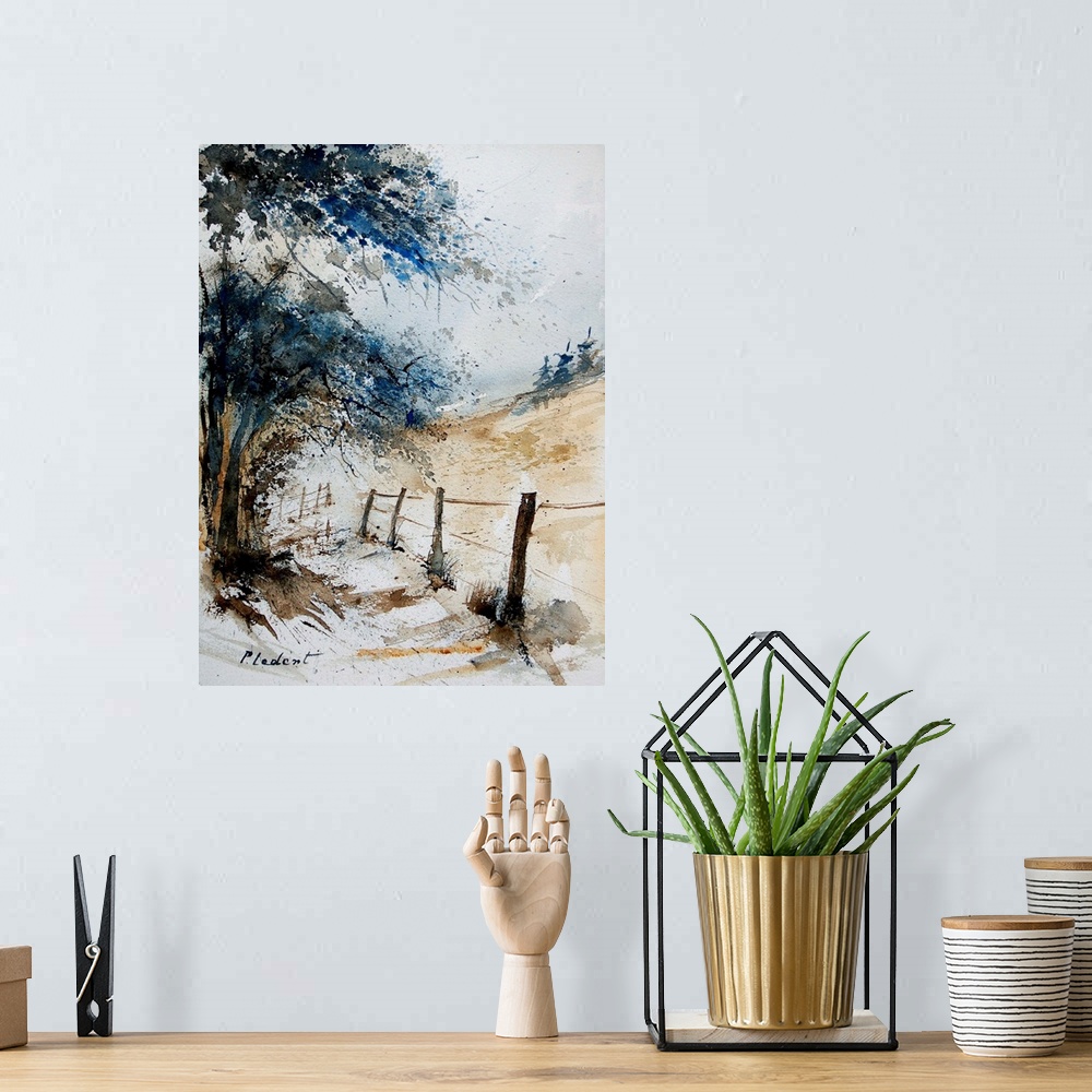A bohemian room featuring A vertical watercolor painting of a fenced in field lined by trees in the countryside in natural ...