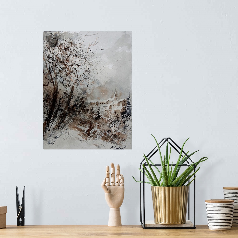 A bohemian room featuring A muted watercolor painting of a village covered in snow.