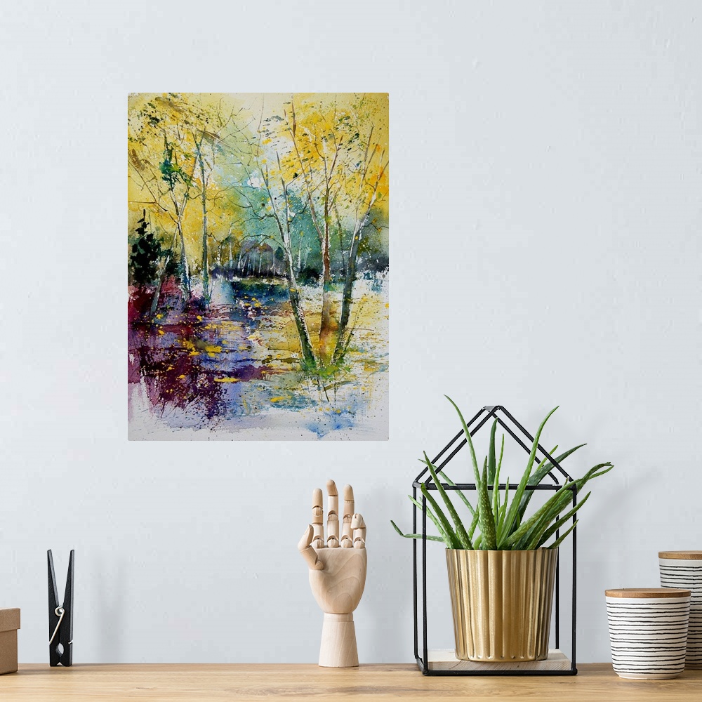 A bohemian room featuring Watercolor painting of a pond in a forest done in vibrant colors of yellow, green and blue.