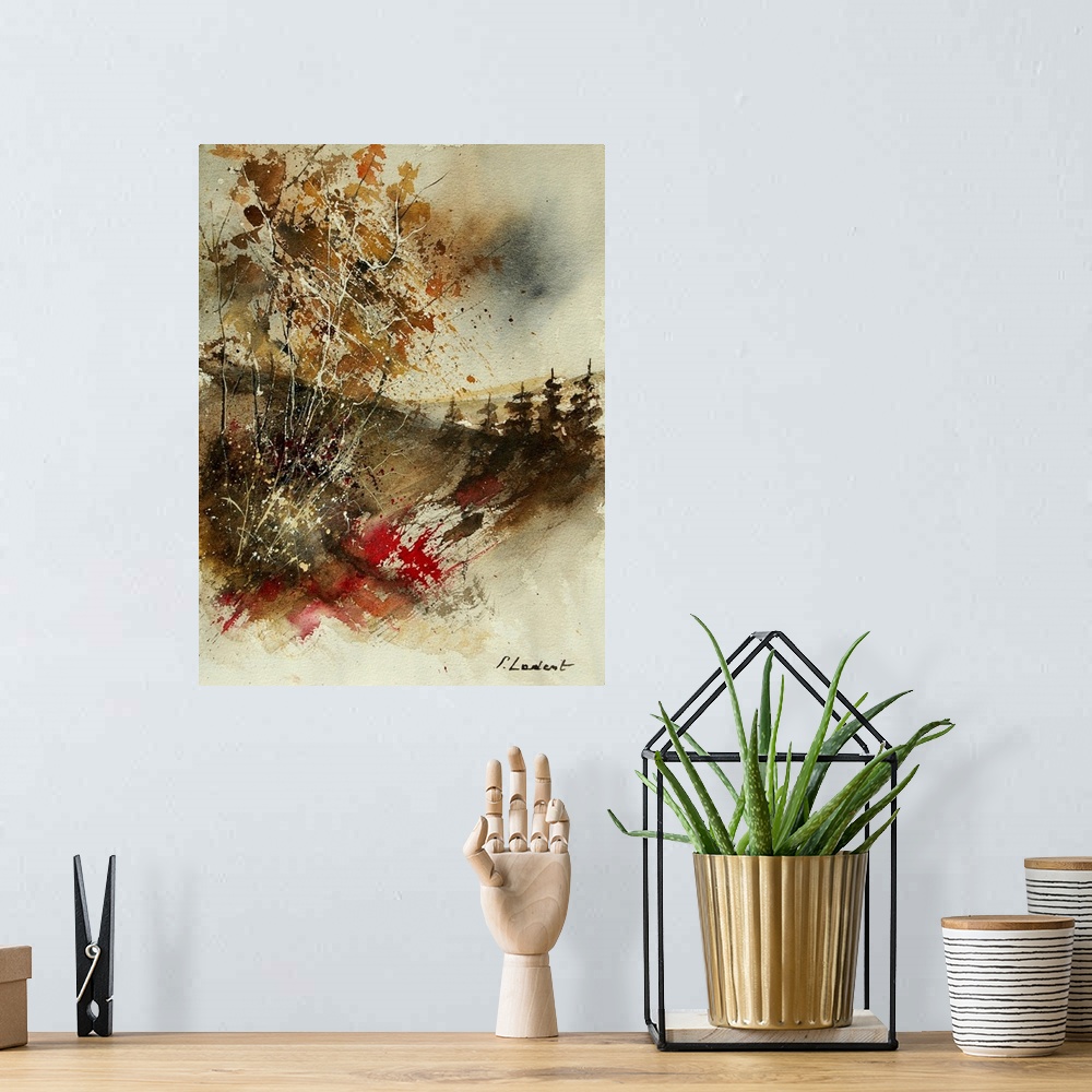 A bohemian room featuring A vertical watercolor painting of a line of trees in the countryside in natural colors of brown, ...
