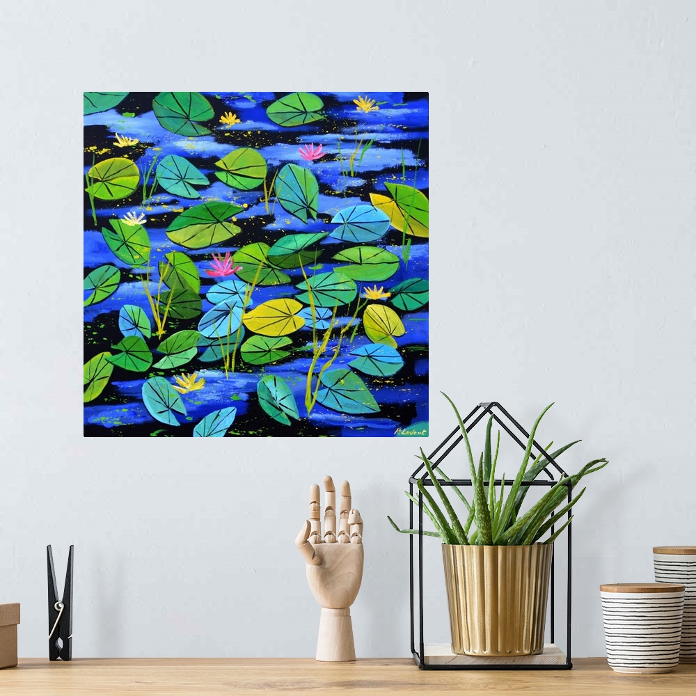A bohemian room featuring Square painting with lily pads in shades of green and blue floating on the water with pink and ye...