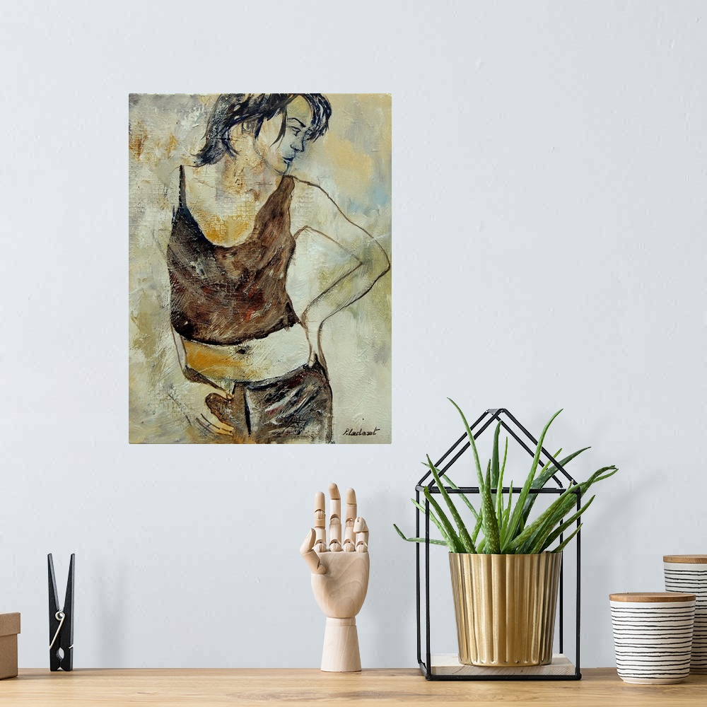 A bohemian room featuring A portrait of a woman standing with her hand on her hip, painted in textured neutral colors with ...