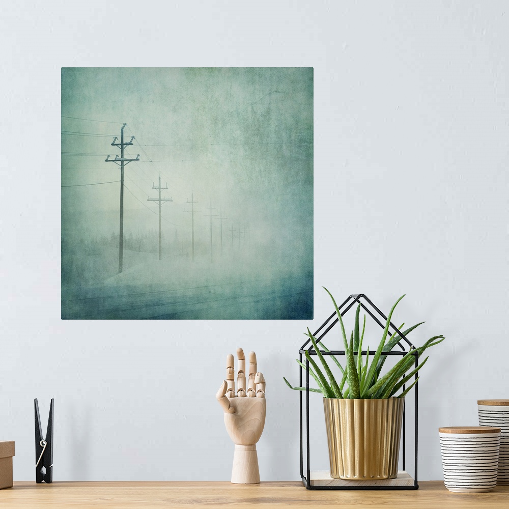 A bohemian room featuring Power poles disapperaing in the ice fog