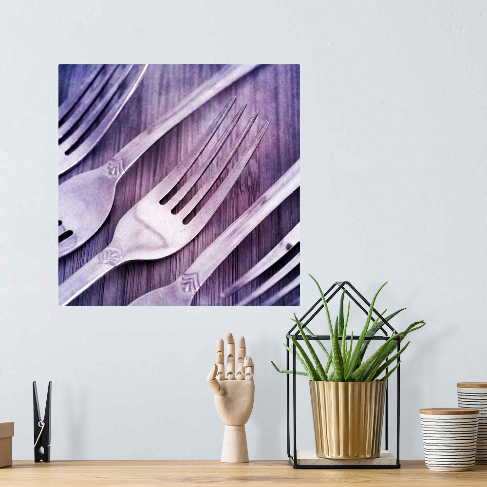 A bohemian room featuring Forks, arranged on wood.