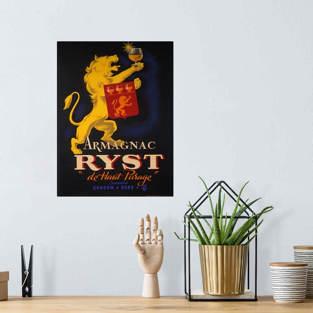 A bohemian room featuring Vintage advertising poster with a lion standing on hind legs and with a glass of wine in one paw ...