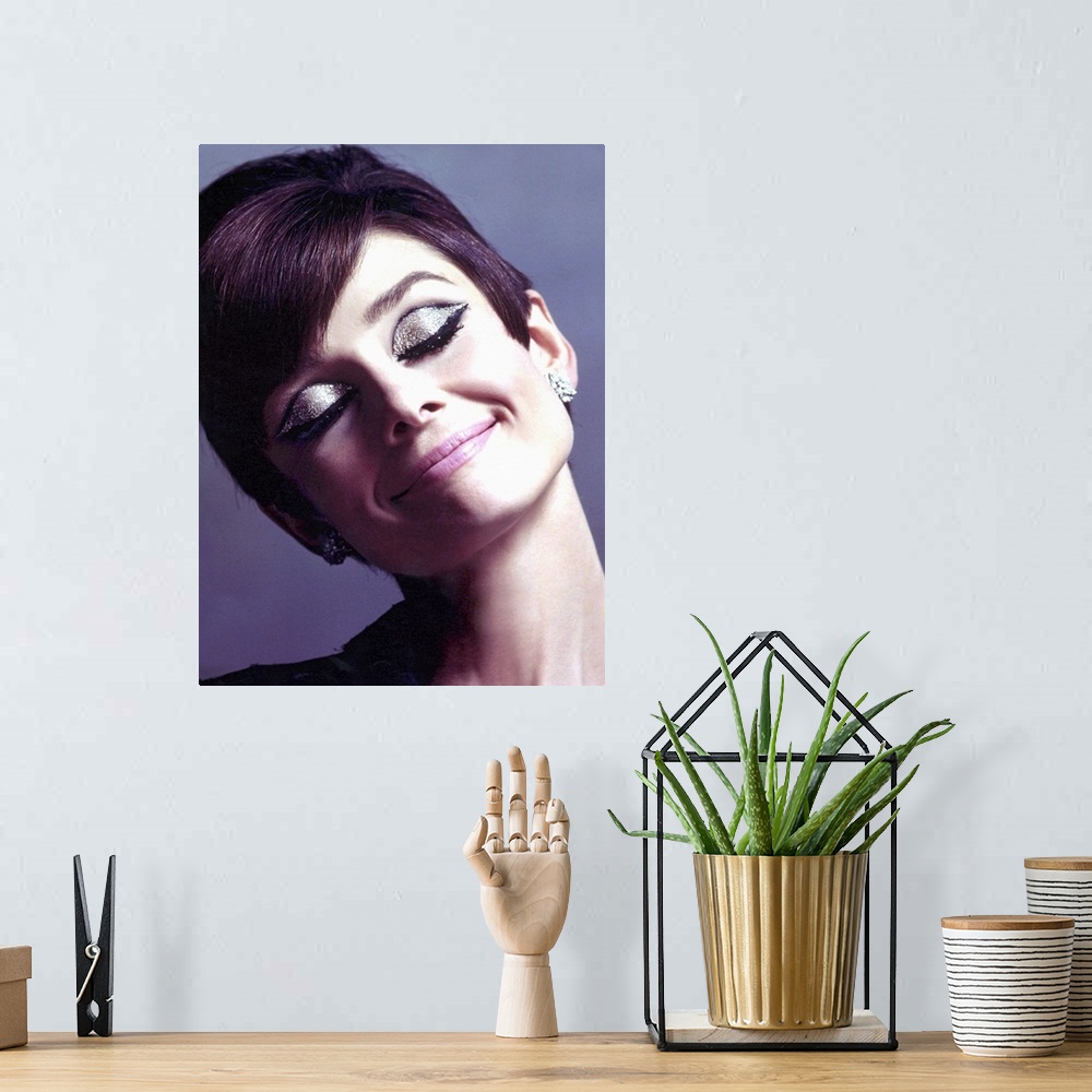 A bohemian room featuring Canvas photo art of Audrey Hepburn with sparkling eye make up smiling.