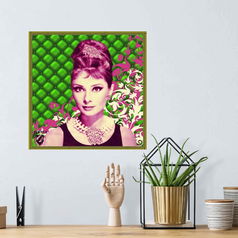 A bohemian room featuring Square print of a famous movie icon in front of a brightly patterned background.