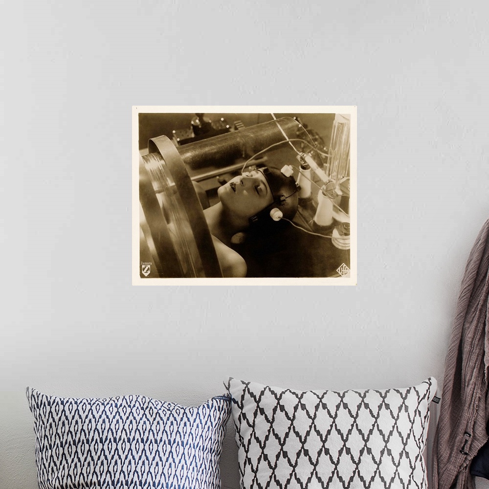 A bohemian room featuring Black and White Metropolis Girl poster