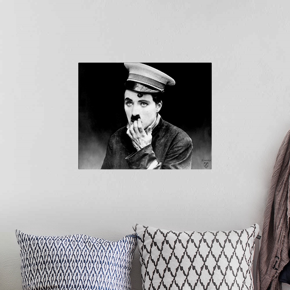 A bohemian room featuring Charlie Chaplin B and W The Bank